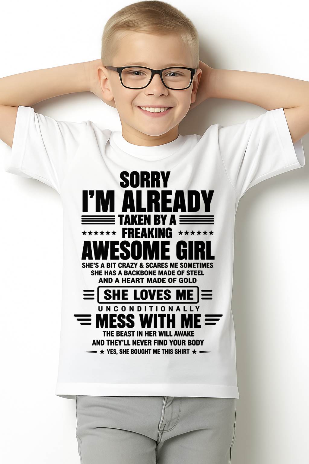 SORRY I'M TAKEN BY AN AWESOME GIRL SHE'S CRAZY SHE'S MINE - SHIRT FROM WIFE TO HUSBAND – LUNA00 (SKU2608-639-00).