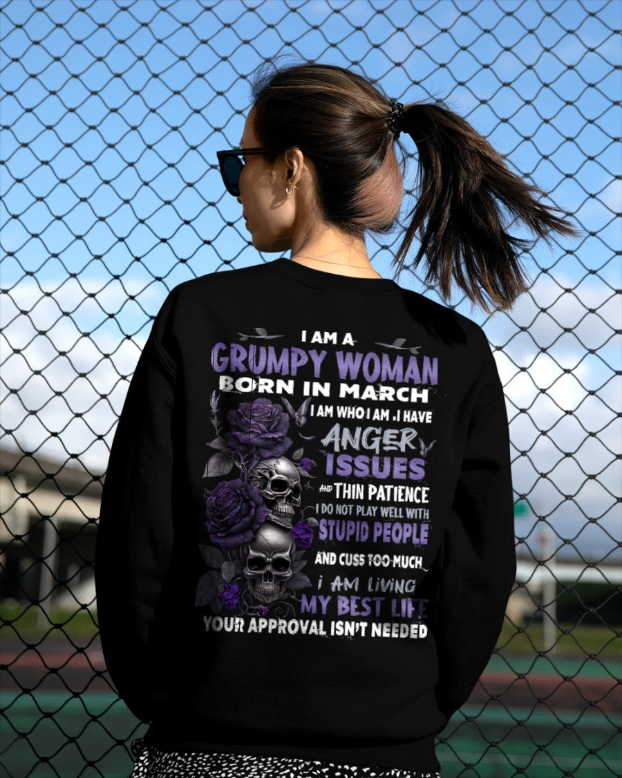 Grumpy Woman Born in March T-Shirt – Funny Skull & Rose Graphic Tee with Quotes - LUNA03 FMA (SKU10-08-03)