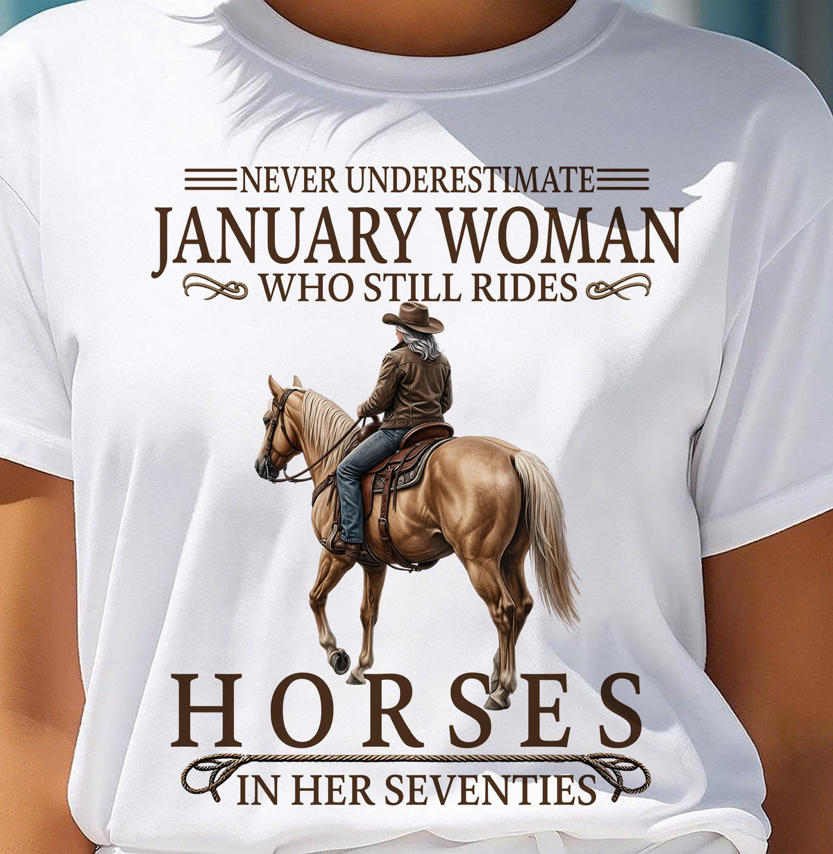 JANUARY SHIRT, A WOMAN WHO STILL RIDES HORSES IN HER SEVENTIES - LUNA01 (SKU2604-287-01)