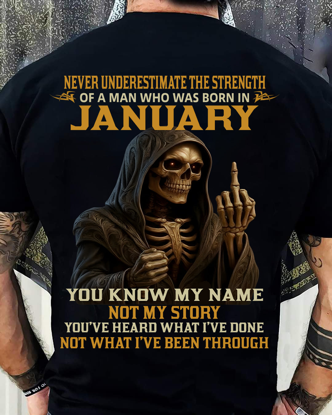 JANUARY - NEVER UNDERESTIMATE - BIRTHDAY T-SHIRT FOR MEN - LUNA01 (SKU26T-01-06-01)