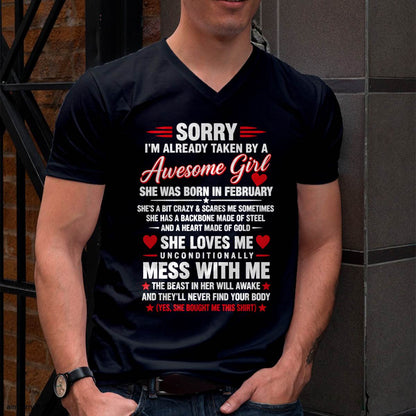 FEBRUARY - SORRY I'M ALREADY TAKEN BY A AWESOME GIRL - SHIRT FROM WIFE TO HUSBAND – LUNA02 (SKU2609-64-02)