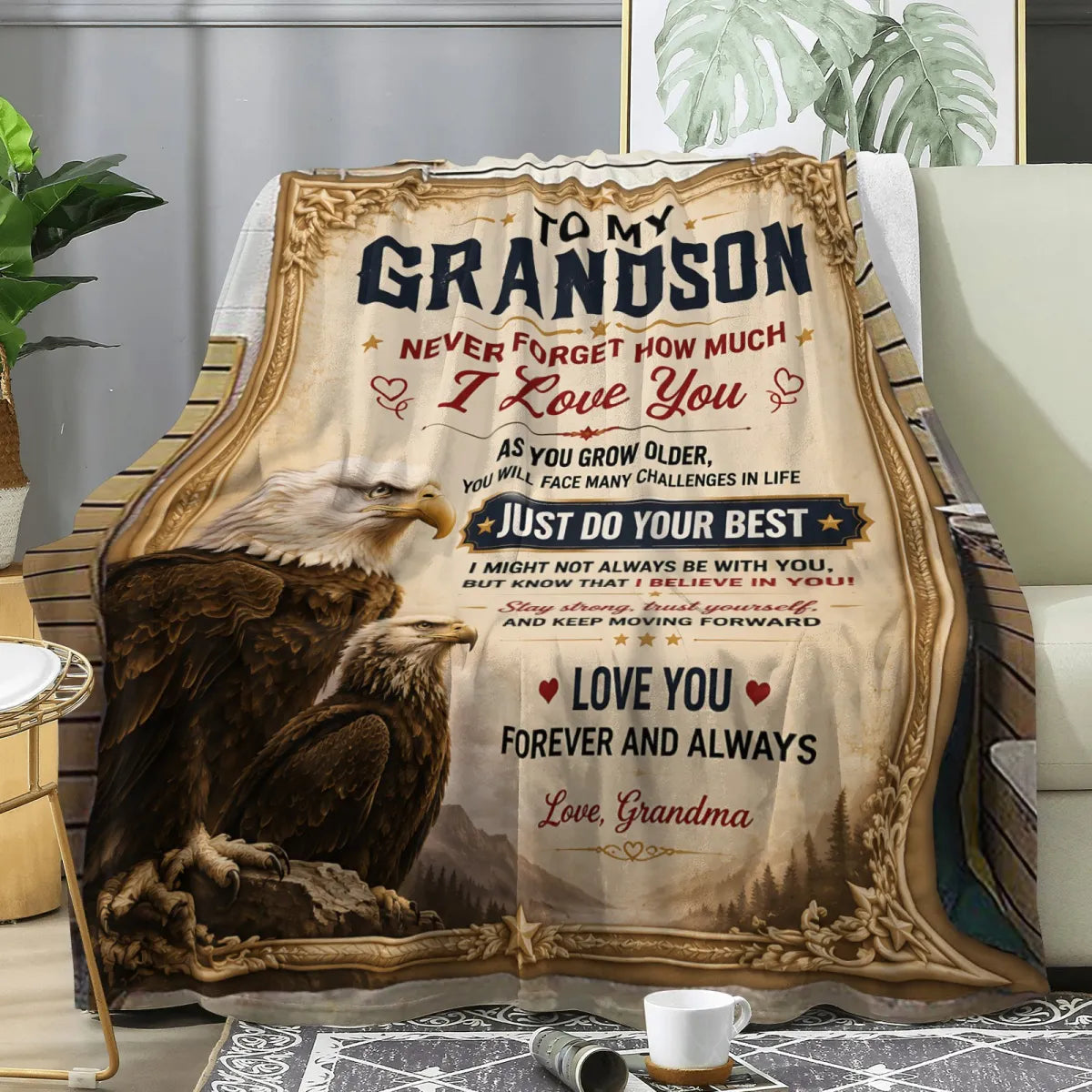 BLANKET FOR GRANDSON – COMFORT & WARMTH GIFT FROM GRANDMA Sherpa Fleece Quilt Blanket LUNA (SKU2608-481)
