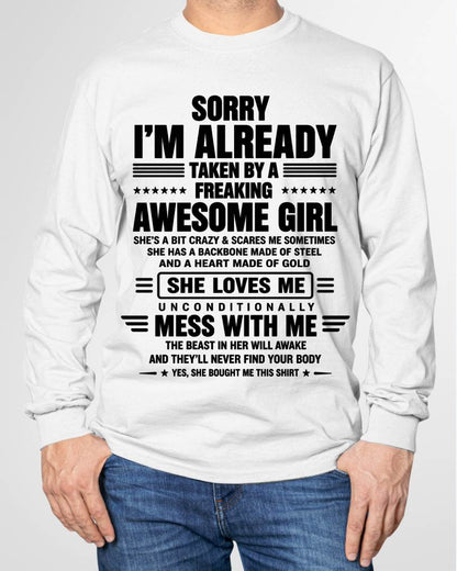 SORRY I'M TAKEN BY AN AWESOME GIRL SHE'S CRAZY SHE'S MINE - SHIRT FROM WIFE TO HUSBAND – LUNA00 (SKU2608-639-00).