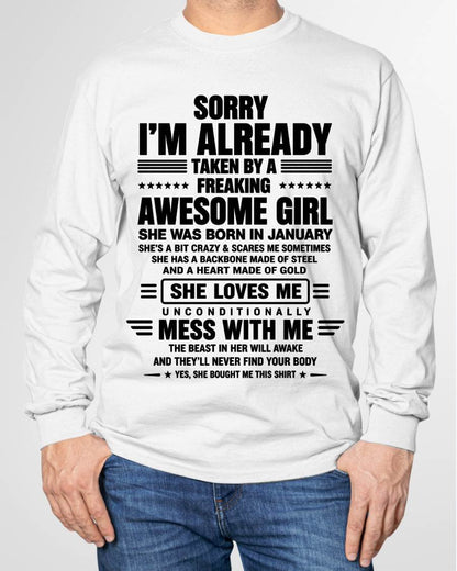 JANUARY - SORRY I'M TAKEN BY AN AWESOME GIRL SHE'S CRAZY SHE'S MINE - SHIRT FROM WIFE TO HUSBAND – LUNA01 (SKU2608-639-01)