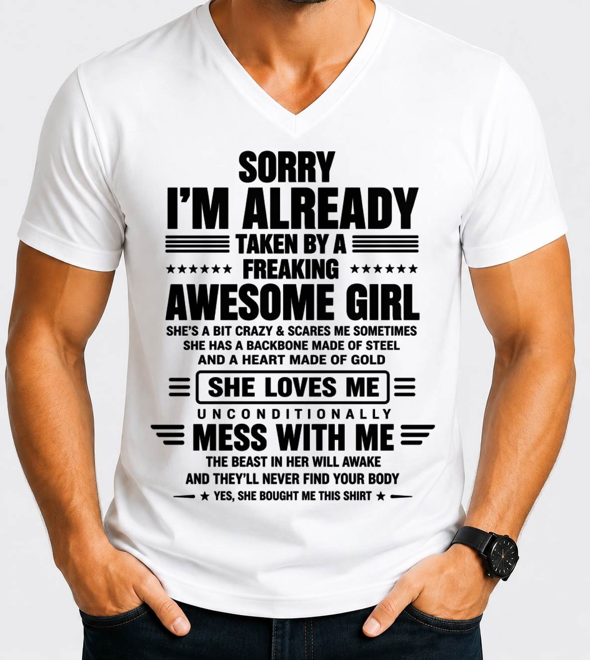 SORRY I'M TAKEN BY AN AWESOME GIRL SHE'S CRAZY SHE'S MINE - SHIRT FROM WIFE TO HUSBAND – LUNA00 (SKU2608-639-00).