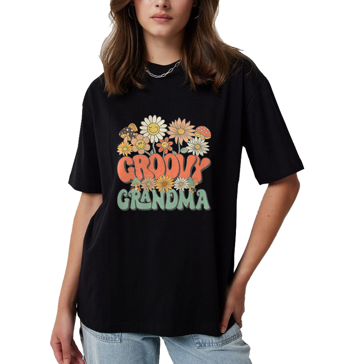 Best Grandma Shirt, Proud Grandma Unisex T-Shirt/Hoodie/Sweatshirt HLT00 - Groovy Grandma Floral Hippie Retro Daisy Flower Mother's Day T-Shirt