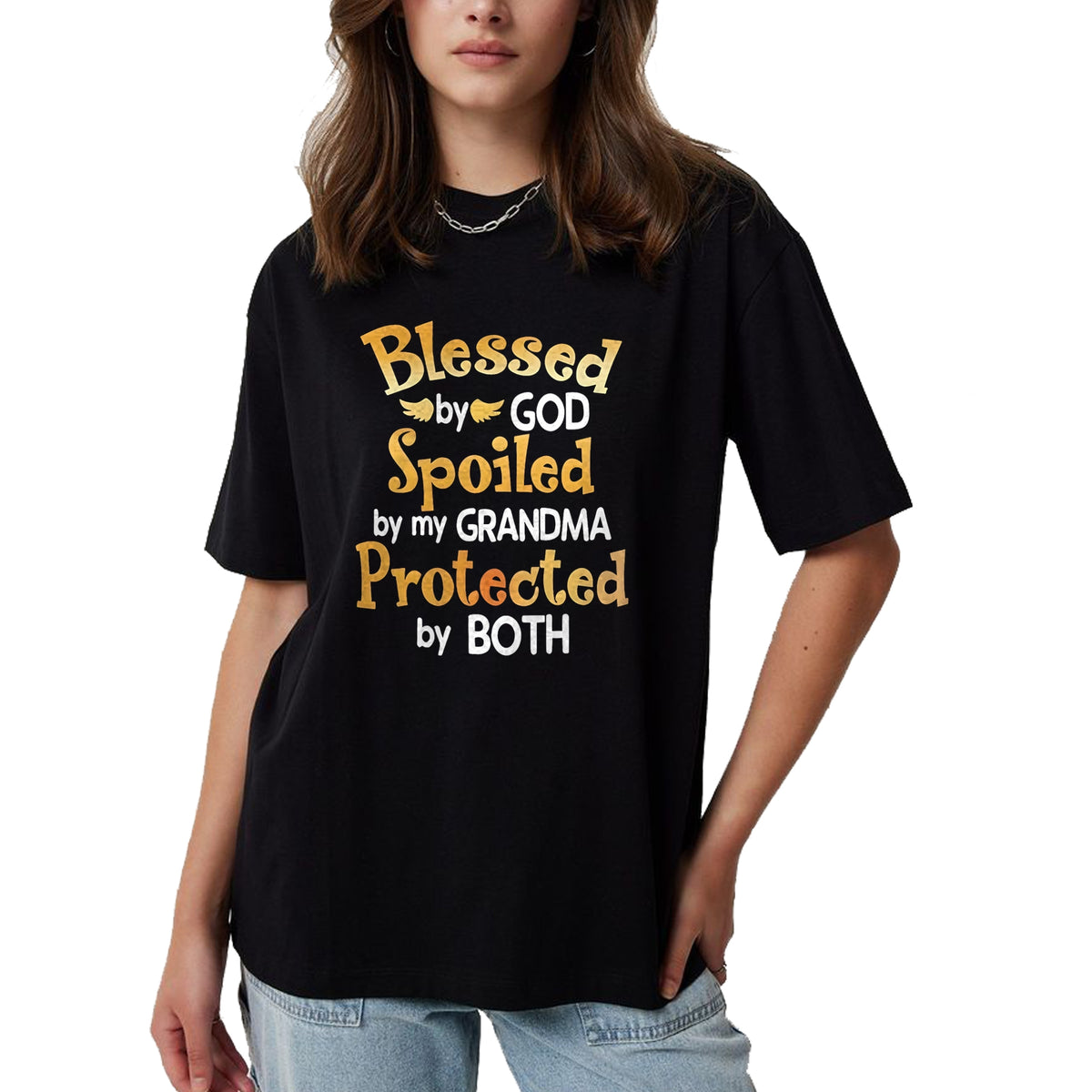 Best Grandma Shirt, Proud Grandma Unisex T-Shirt/Hoodie/Sweatshirt HLT00 - Blessed By God Spoiled By My Grandma Grandson Granddaughter T-Shirt (1)