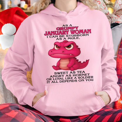 Born in January – Grumpy Woman Quote Funny Alligator Design, Stubborn Sweet Angry Loyal – FMA LUNA01 (SKU09-31-01)