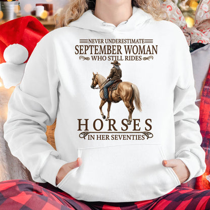 SEPTEMBER SHIRT, A WOMAN WHO STILL RIDES HORSES IN HER SEVENTIES - LUNA09 (SKU2604-287-09)