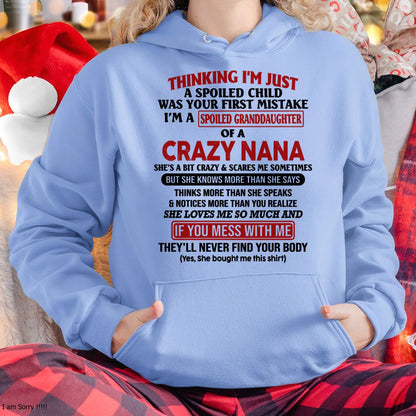 SPOILED GRANDDAUGHTER OF A CRAZY NANA T-SHIRT - From grandma to granddaughter - LUNA00 (SKU07-129-00)