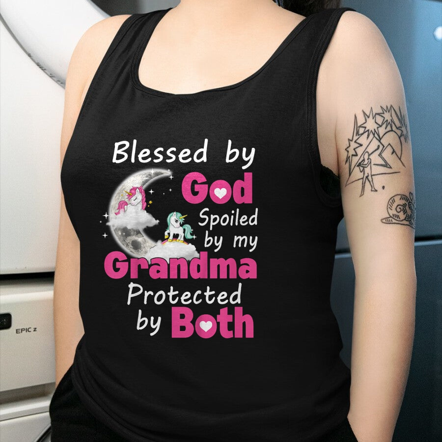Best Grandma Shirt, Proud Grandma Unisex T-Shirt/Hoodie/Sweatshirt HLT00 - Kids Blessed By God Spoiled By My Grandma Protected By Both T-Shirt