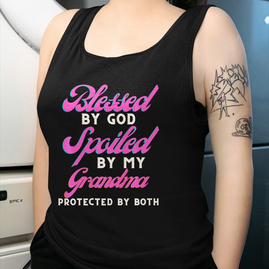 Best Grandma Shirt, Proud Grandma Unisex T-Shirt/Hoodie/Sweatshirt HLT00 - Blessed By God Spoiled By My Grandma Protected By Both Premium T-Shirt