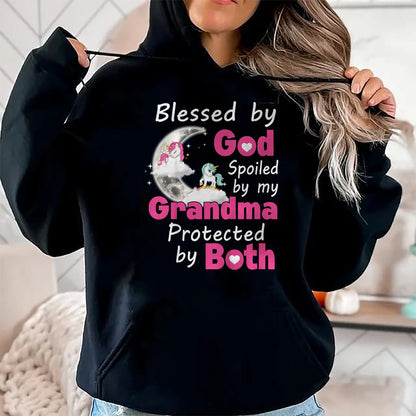 Best Grandma Shirt, Proud Grandma Unisex T-Shirt/Hoodie/Sweatshirt HLT00 - Kids Blessed By God Spoiled By My Grandma Protected By Both T-Shirt