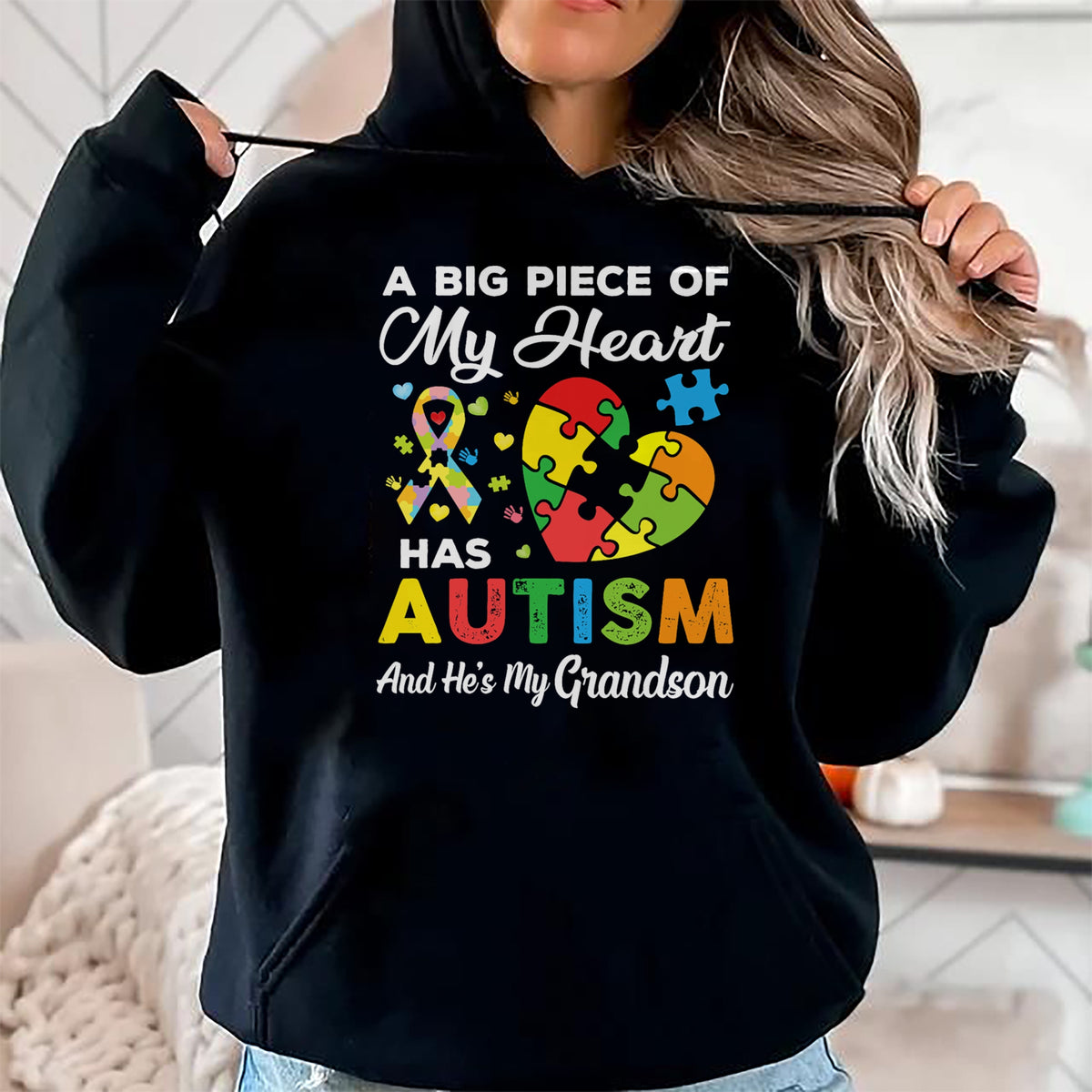 Best Grandma Shirt, Proud Grandma Unisex T-Shirt/Hoodie/Sweatshirt HLT00 - A Big Piece Of My Heart Has Autism and He's My Grandson T-Shirt