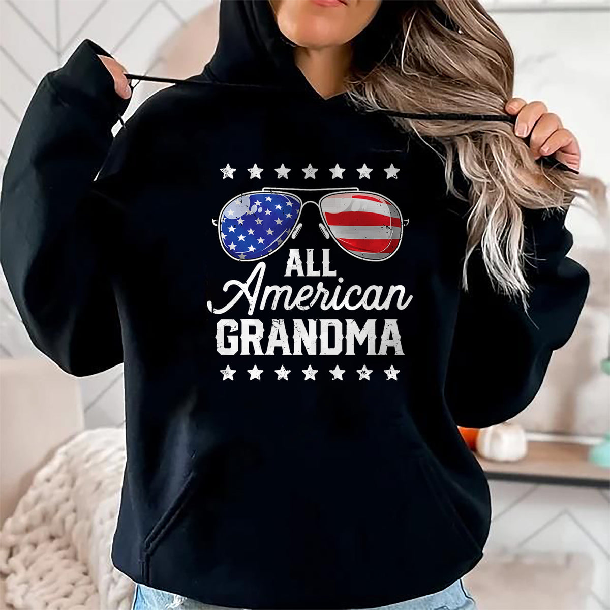 Best Grandma Shirt, Proud Grandma Unisex T-Shirt/Hoodie/Sweatshirt HLT00 - All American Grandma 4th of July Family Matching Sunglasses T-Shirt