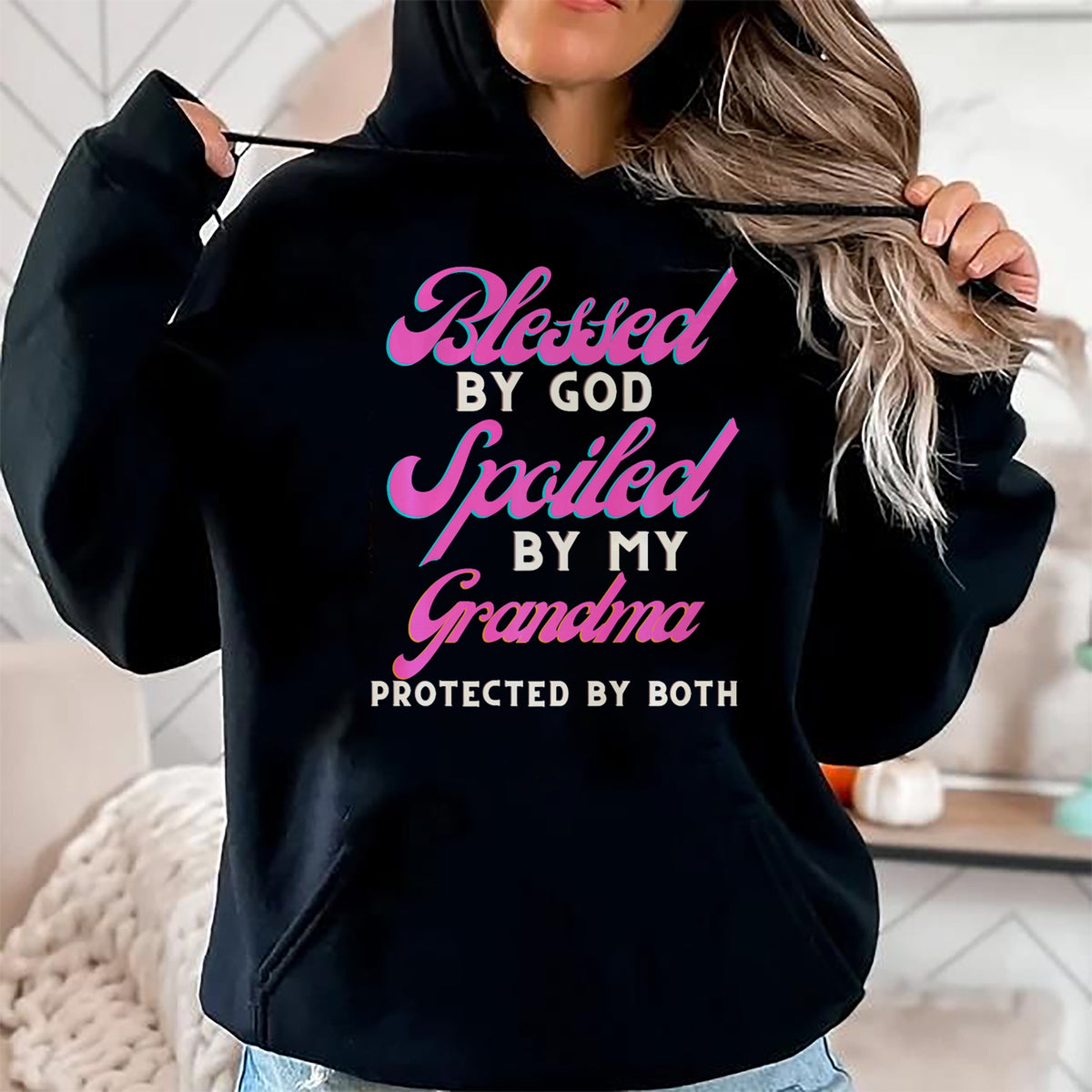 Best Grandma Shirt, Proud Grandma Unisex T-Shirt/Hoodie/Sweatshirt HLT00 - Blessed By God Spoiled By My Grandma Protected By Both Premium T-Shirt
