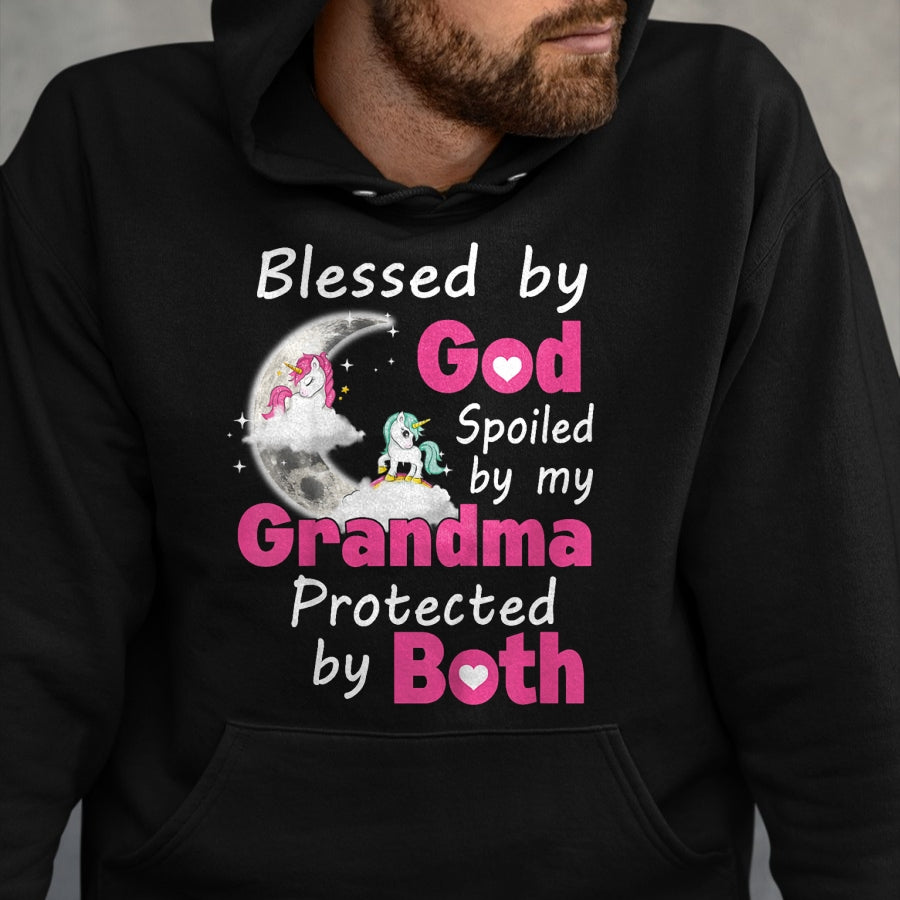 Best Grandma Shirt, Proud Grandma Unisex T-Shirt/Hoodie/Sweatshirt HLT00 - Kids Blessed By God Spoiled By My Grandma Protected By Both T-Shirt