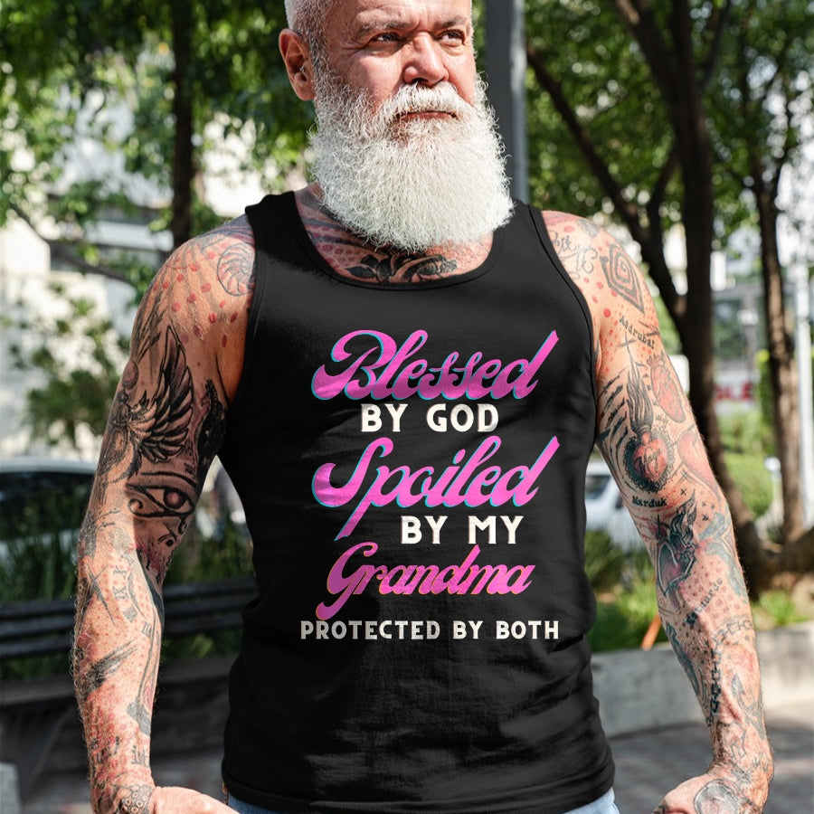 Best Grandma Shirt, Proud Grandma Unisex T-Shirt/Hoodie/Sweatshirt HLT00 - Blessed By God Spoiled By My Grandma Protected By Both Premium T-Shirt