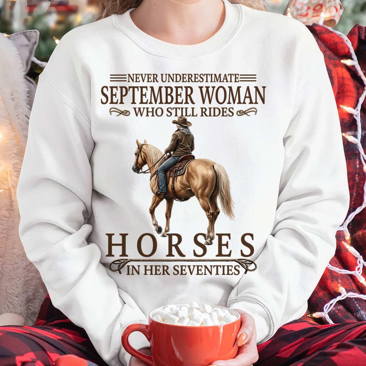 SEPTEMBER SHIRT, A WOMAN WHO STILL RIDES HORSES IN HER SEVENTIES - LUNA09 (SKU2604-287-09)