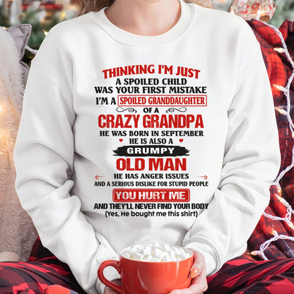 Spoiled Granddaughter of a Crazy Grandpa Shirt – Birthday Gift from September Grandpa / Man - LUNA09 (SKU12-200-09)