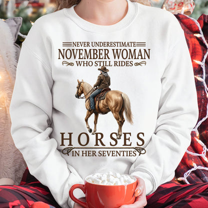 NOVEMBER SHIRT, A WOMAN WHO STILL RIDES HORSES IN HER SEVENTIES - LUNA11 (SKU2604-287-11)