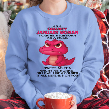 Born in January – Grumpy Woman Quote Funny Alligator Design, Stubborn Sweet Angry Loyal – FMA LUNA01 (SKU09-31-01)
