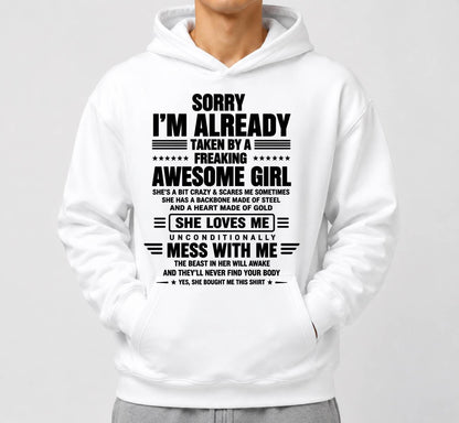 SORRY I'M TAKEN BY AN AWESOME GIRL SHE'S CRAZY SHE'S MINE - SHIRT FROM WIFE TO HUSBAND – LUNA00 (SKU2608-639-00).