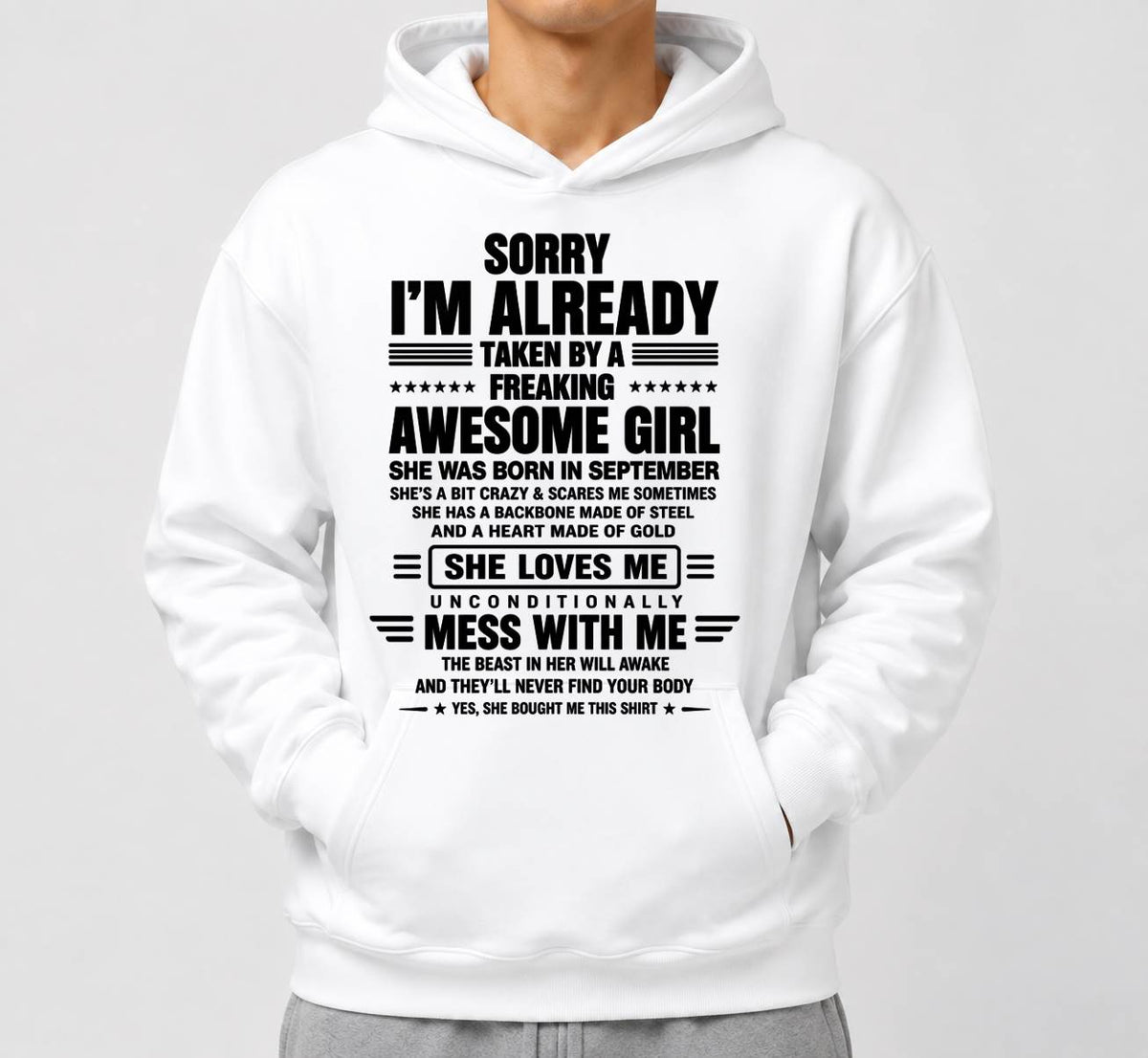 SEPTEMBER - SORRY I'M TAKEN BY AN AWESOME GIRL SHE'S CRAZY SHE'S MINE - SHIRT FROM WIFE TO HUSBAND – LUNA09 (SKU2608-639-09)