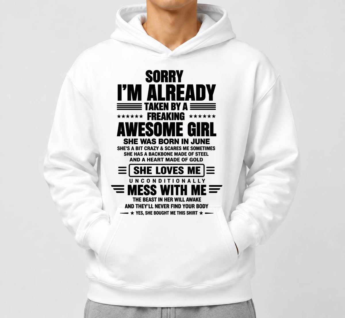 JUNE - SORRY I'M TAKEN BY AN AWESOME GIRL SHE'S CRAZY SHE'S MINE - SHIRT FROM WIFE TO HUSBAND – LUNA06 (SKU2608-639-06)