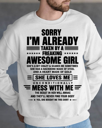 SORRY I'M TAKEN BY AN AWESOME GIRL SHE'S CRAZY SHE'S MINE - SHIRT FROM WIFE TO HUSBAND – LUNA00 (SKU2608-639-00).