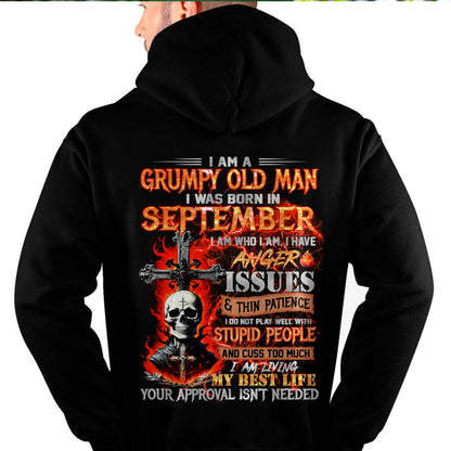 SEPTEMBER - GRUMPY OLD MAN T-SHIRT - FUNNY SKULL ANGER ISSUES TEE - PERFECT GIFT FOR MEN LUNA09 (SKU12-319-09)