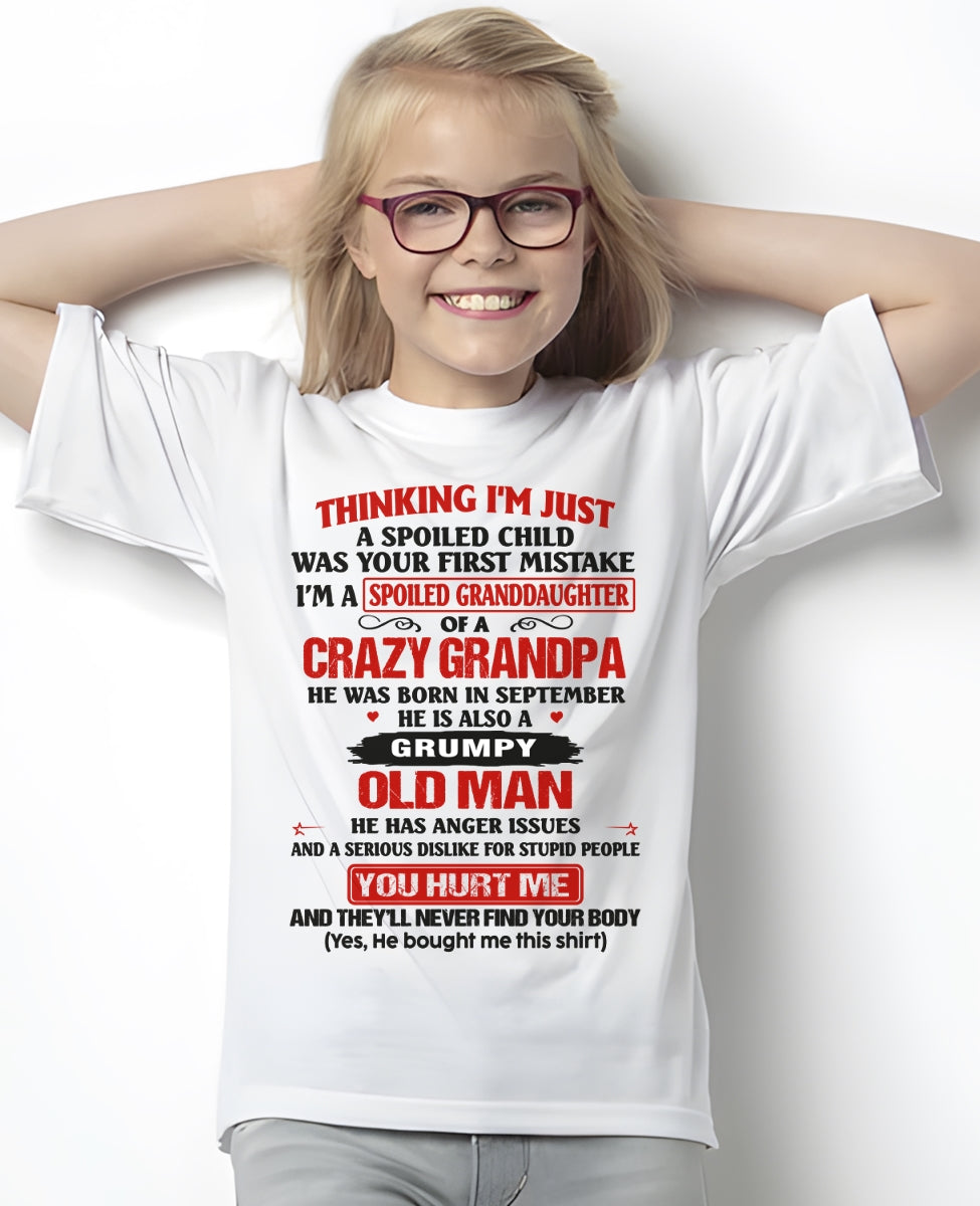 Spoiled Granddaughter of a Crazy Grandpa Shirt – Birthday Gift from September Grandpa / Man - LUNA09 (SKU12-200-09)