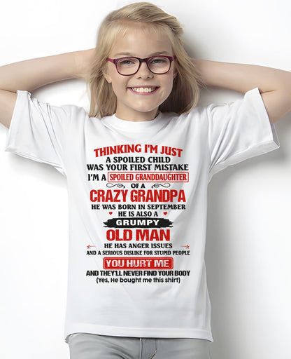 Spoiled Granddaughter of a Crazy Grandpa Shirt – Birthday Gift from September Grandpa / Man - LUNA09 (SKU12-200-09)