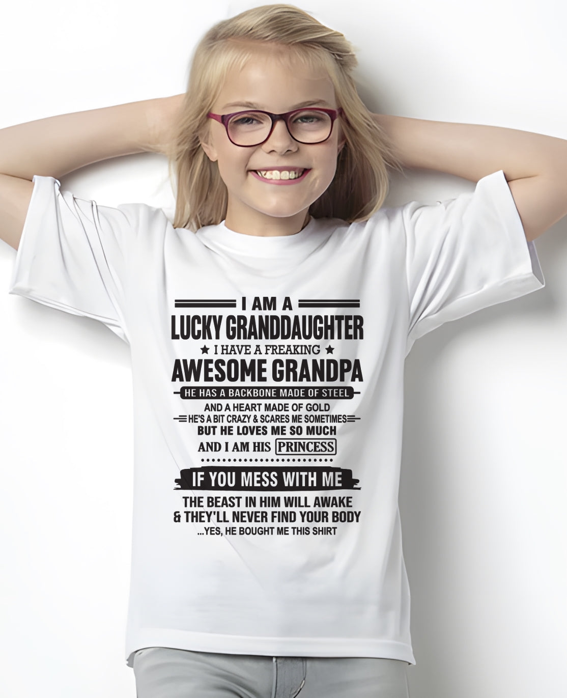 I Am A Lucky Granddaughter T-Shirt – Birthday Gift From Grandpa / Man - LUNA00 (SKU11-122-00)