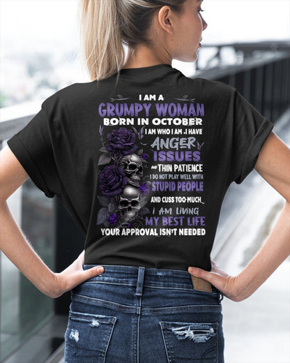 Grumpy Woman Born in October T-Shirt – Funny Skull & Rose Graphic Tee with Quotes - LUNA10 FMA (SKU10-08-10)