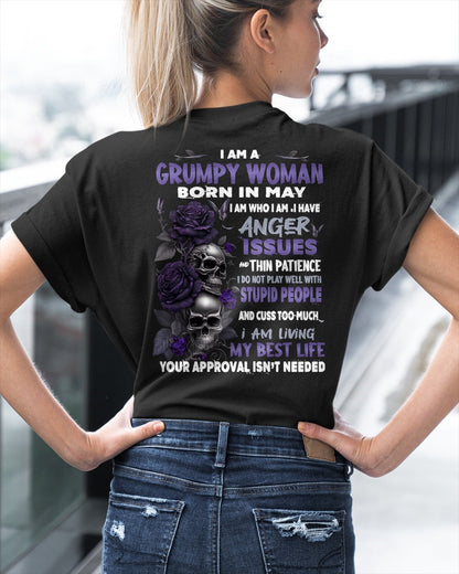Grumpy Woman Born in May T-Shirt – Funny Skull & Rose Graphic Tee with Quotes - LUNA05 FMA (SKU10-08-05)