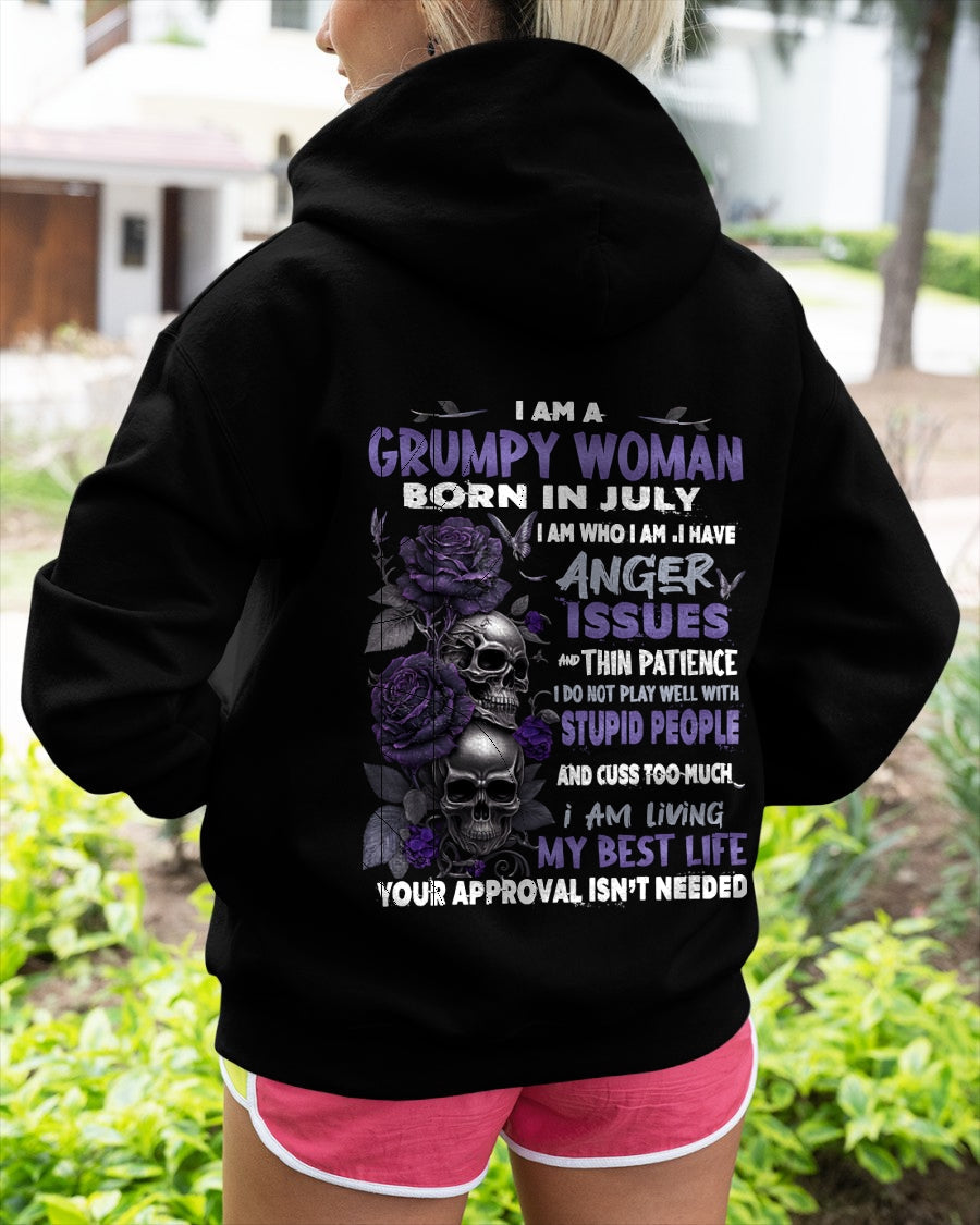 Grumpy Woman Born in July T-Shirt – Funny Skull & Rose Graphic Tee with Quotes - LUNA07 FMA (SKU10-08-07)