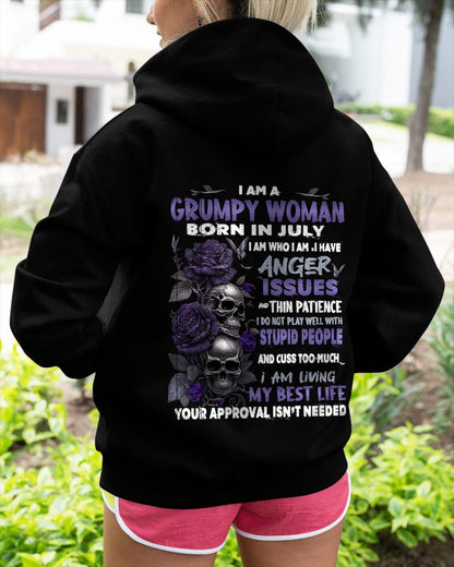 Grumpy Woman Born in July T-Shirt – Funny Skull & Rose Graphic Tee with Quotes - LUNA07 FMA (SKU10-08-07)