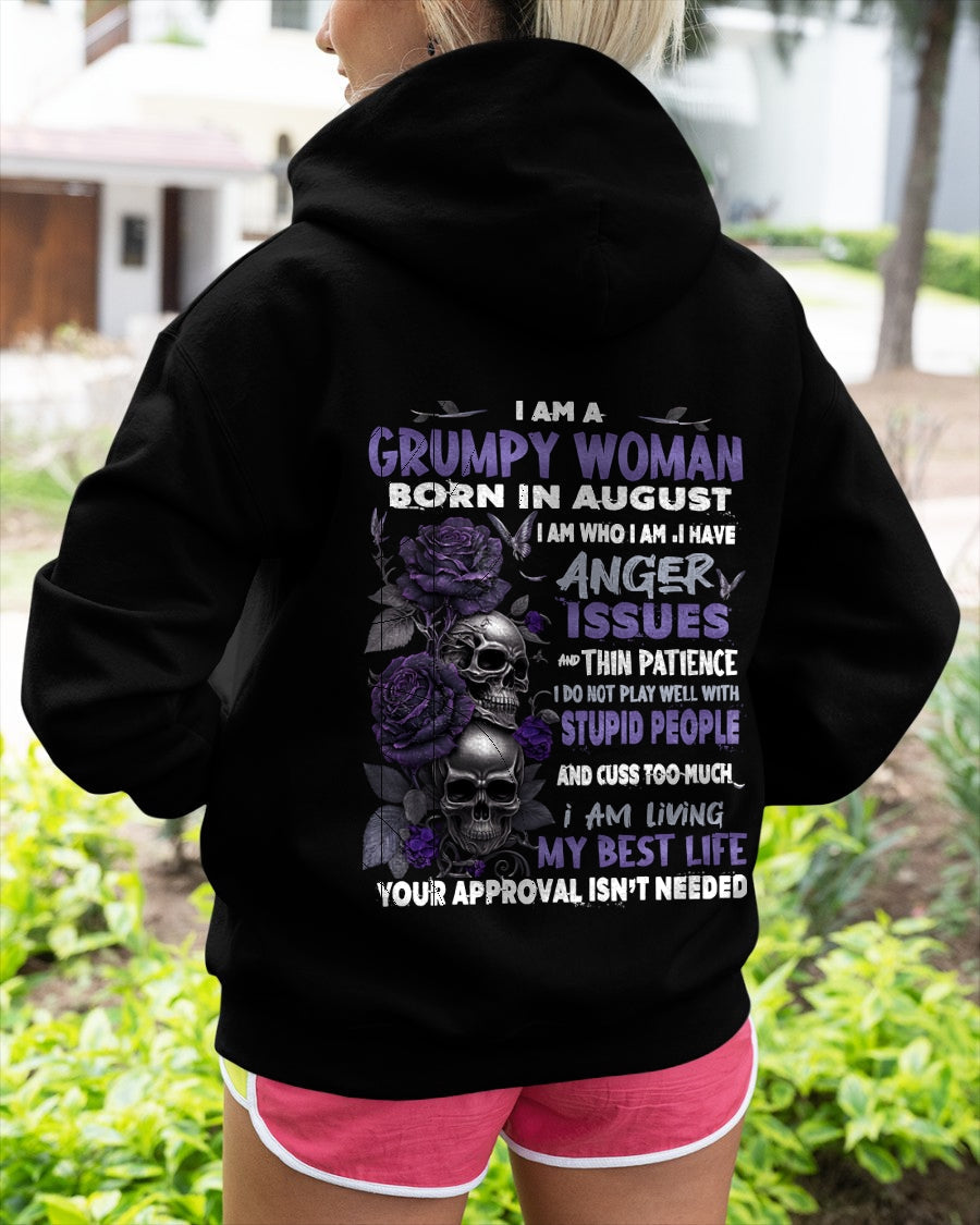 Grumpy Woman Born in August T-Shirt – Funny Skull & Rose Graphic Tee with Quotes - LUNA08 FMA (SKU10-08-08)