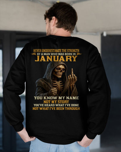 JANUARY - NEVER UNDERESTIMATE - BIRTHDAY T-SHIRT FOR MEN - LUNA01 (SKU26T-01-06-01)