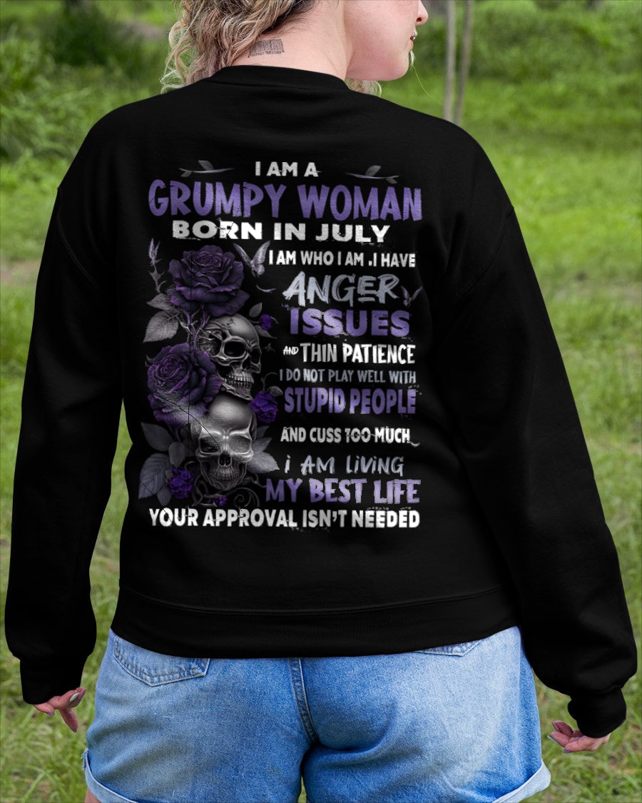 Grumpy Woman Born in July T-Shirt – Funny Skull & Rose Graphic Tee with Quotes - LUNA07 FMA (SKU10-08-07)