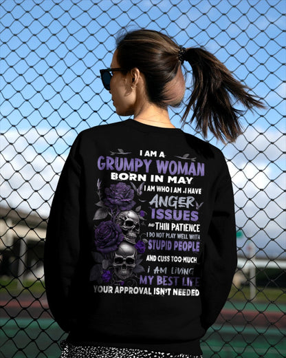Grumpy Woman Born in May T-Shirt – Funny Skull & Rose Graphic Tee with Quotes - LUNA05 FMA (SKU10-08-05)